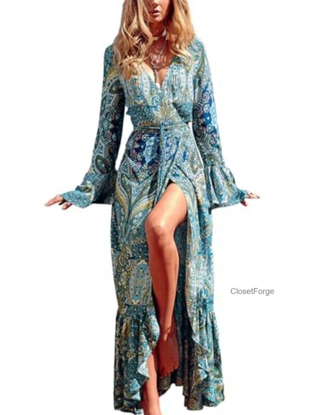 R.Vivimos Women's Floral Maxi Dress Long Sleeve V-Neck Ruffle Hem Wrap Tie - Picture 1 of 6